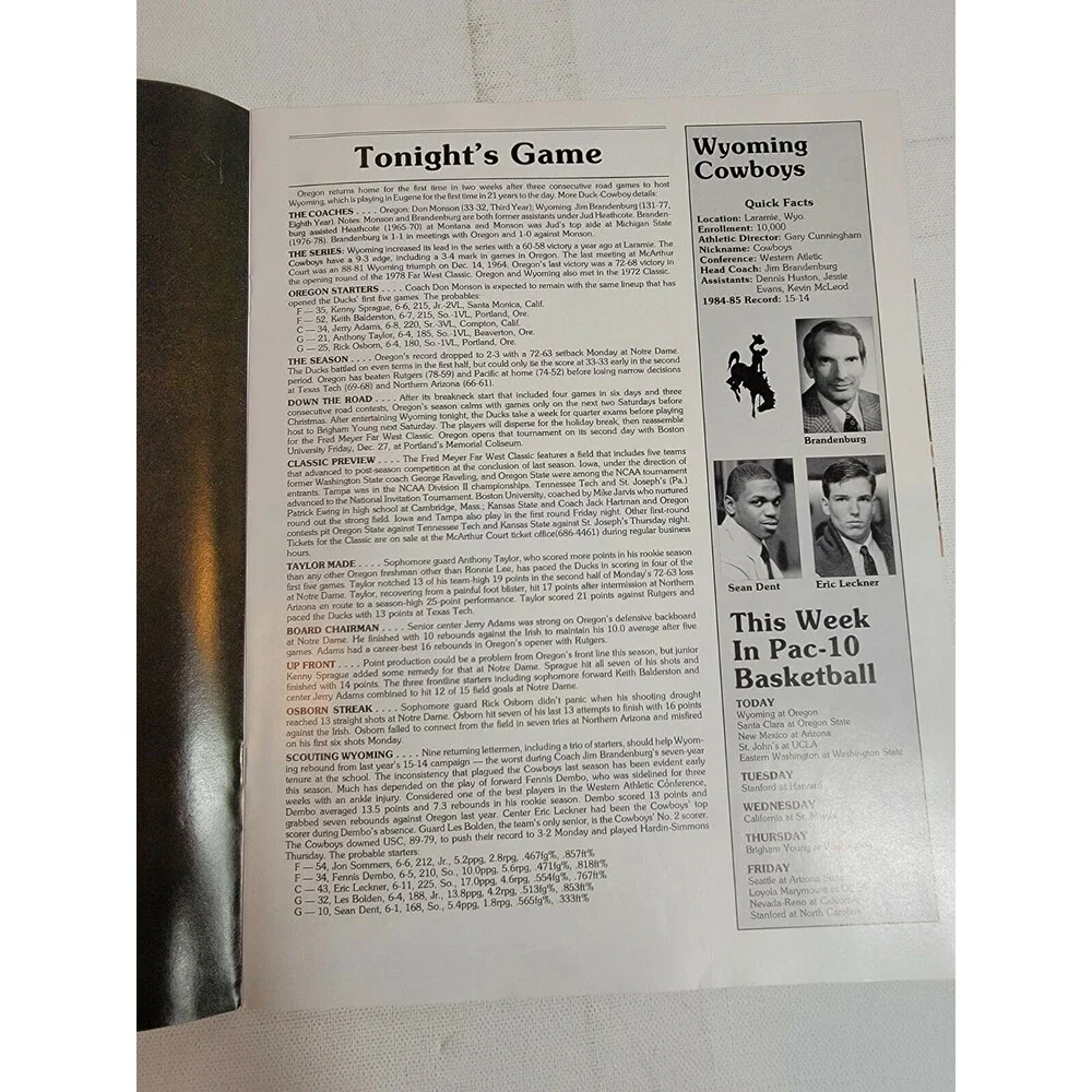 Vintage UofO University of Oregon Ducks Basketball Game Program vs Cowboys 1985